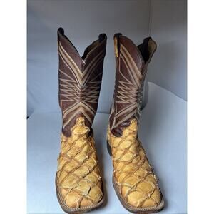 Tony Lama Leviathan Pirarucu Square Toe Cowboy Mens Size 9D, Brown Cognac